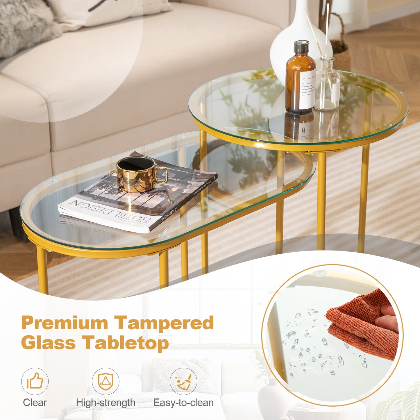 Stylish Nesting Coffee Table Set of 2 with Clear Tempered Glass Tops and Gold Metal Frames