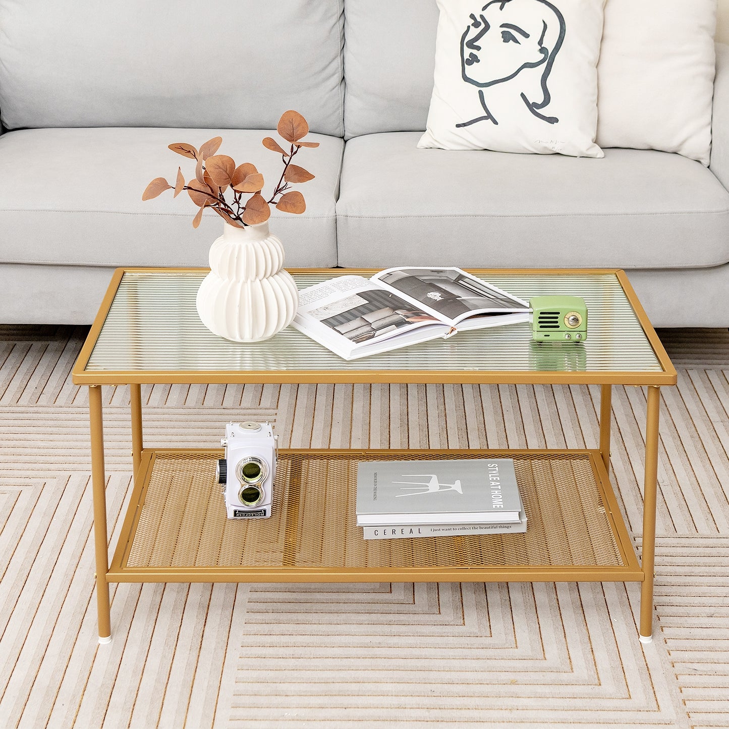 Modern 2-Tier Coffee Table with Tempered Glass Top and Open Storage Shelf, Metal Frame Center Table