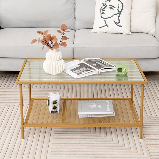 Modern 2-Tier Coffee Table with Tempered Glass Top and Open Storage Shelf, Metal Frame Center Table