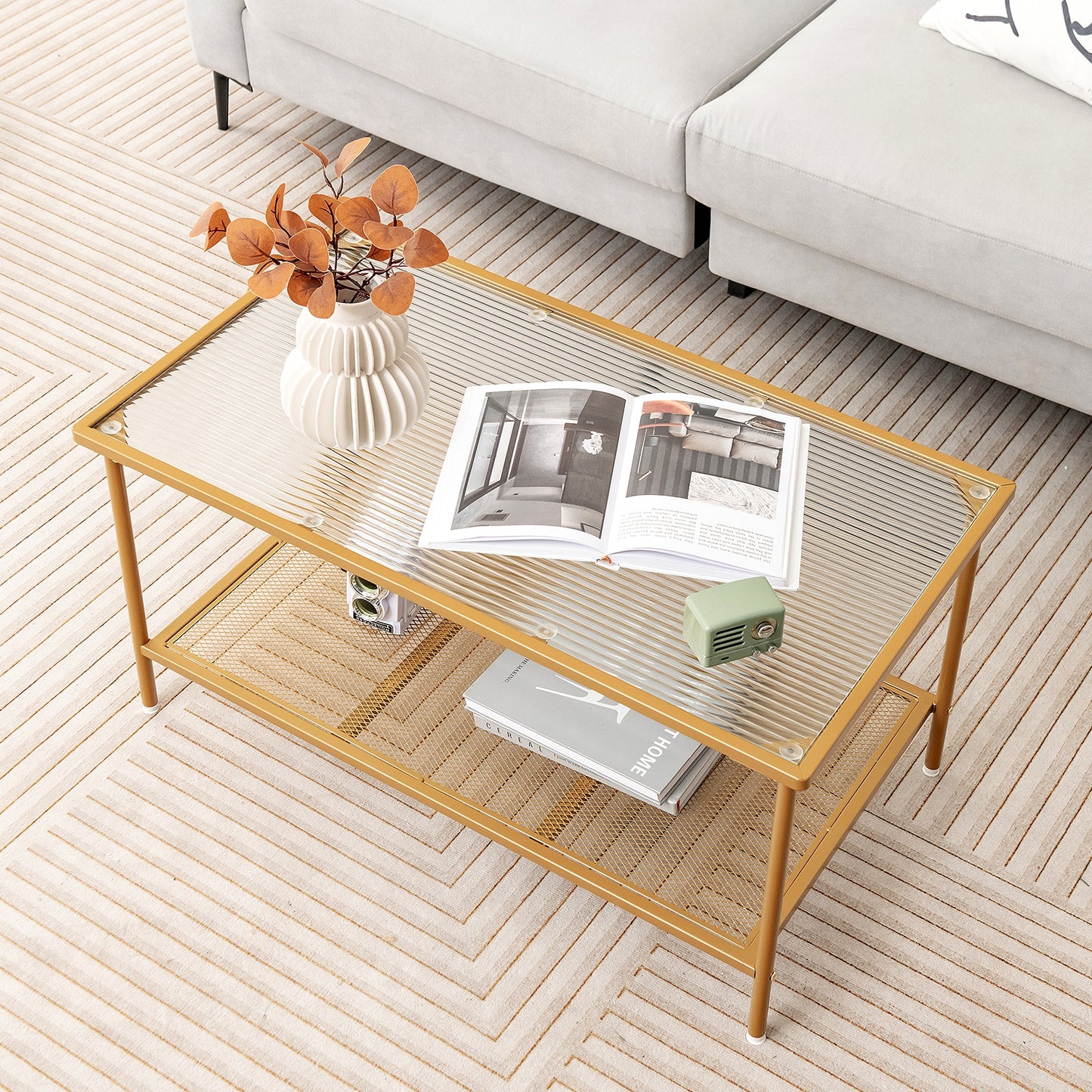 Modern 2-Tier Coffee Table with Tempered Glass Top and Open Storage Shelf, Metal Frame Center Table