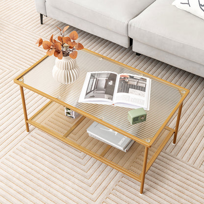 Modern 2-Tier Coffee Table with Tempered Glass Top and Open Storage Shelf, Metal Frame Center Table