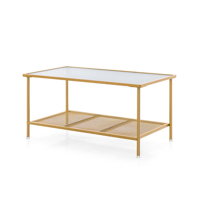 Modern 2-Tier Coffee Table with Tempered Glass Top and Open Storage Shelf, Metal Frame Center Table