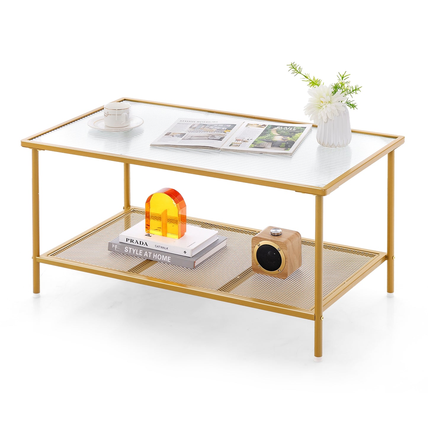 Modern 2-Tier Coffee Table with Tempered Glass Top and Open Storage Shelf, Metal Frame Center Table
