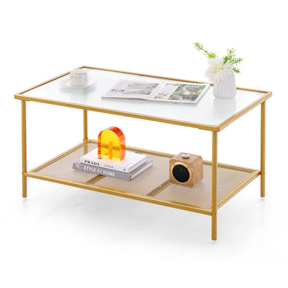 Modern 2-Tier Coffee Table with Tempered Glass Top and Open Storage Shelf, Metal Frame Center Table