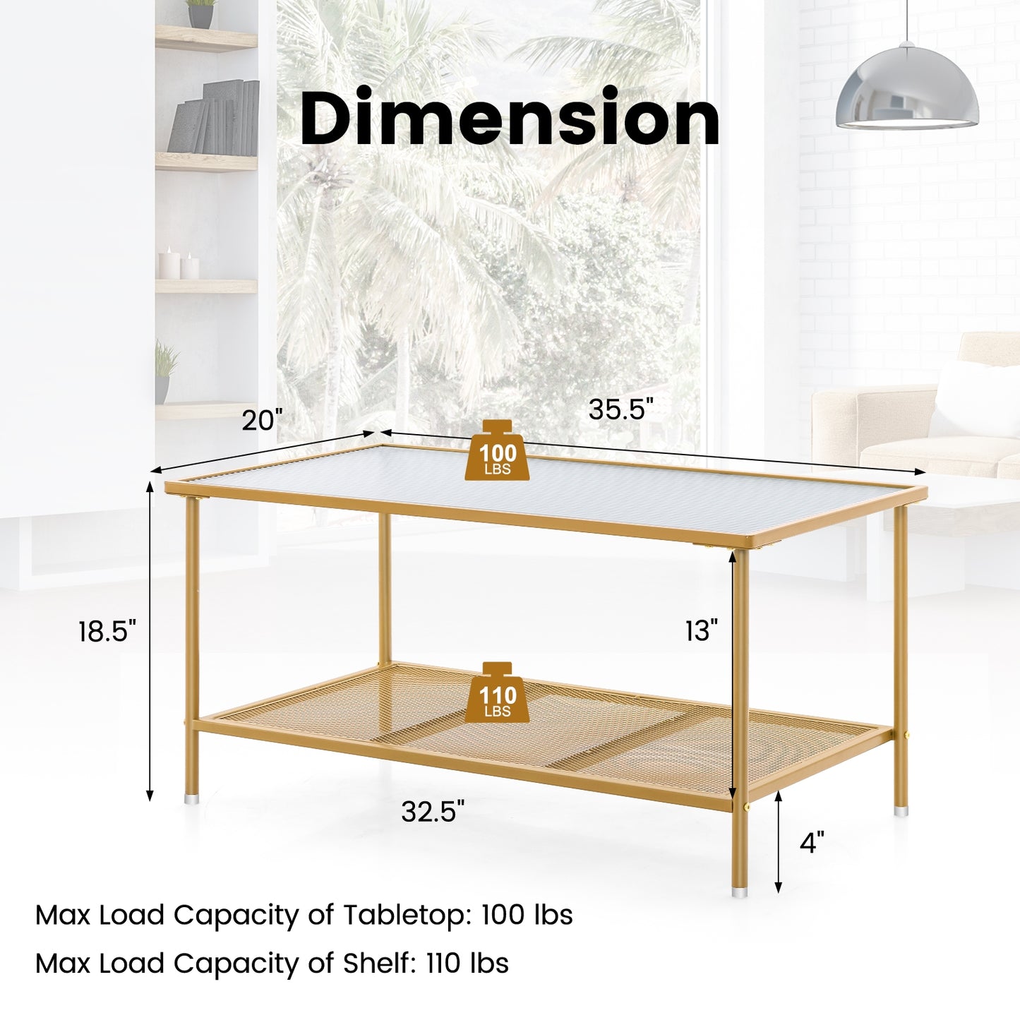 Modern 2-Tier Coffee Table with Tempered Glass Top and Open Storage Shelf, Metal Frame Center Table