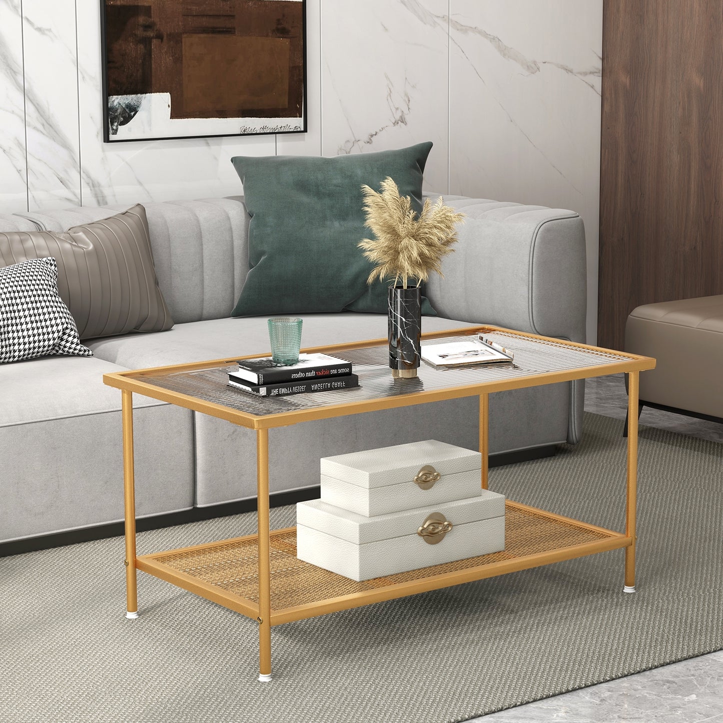 Modern 2-Tier Coffee Table with Tempered Glass Top and Open Storage Shelf, Metal Frame Center Table