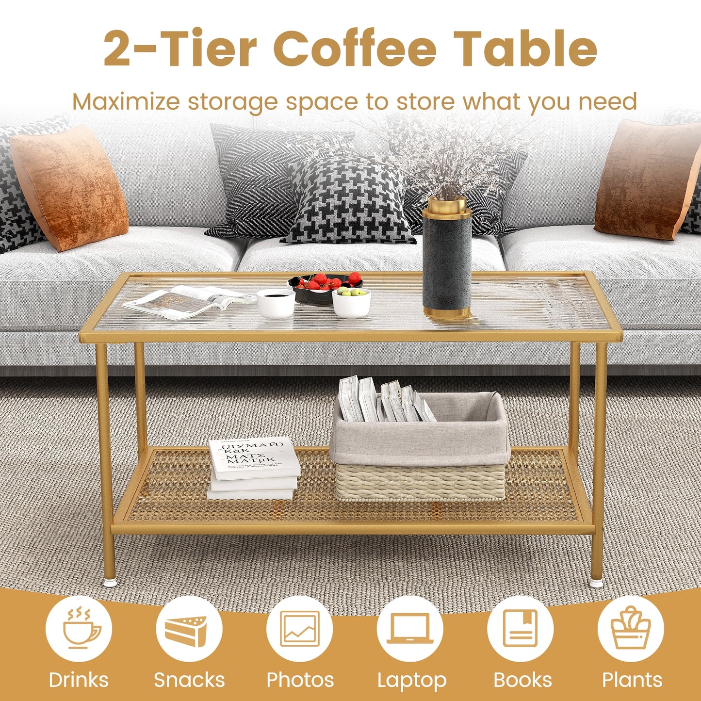 Modern 2-Tier Coffee Table with Tempered Glass Top and Open Storage Shelf, Metal Frame Center Table