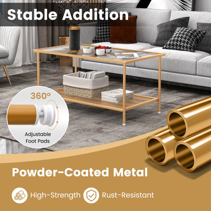 Modern 2-Tier Coffee Table with Tempered Glass Top and Open Storage Shelf, Metal Frame Center Table