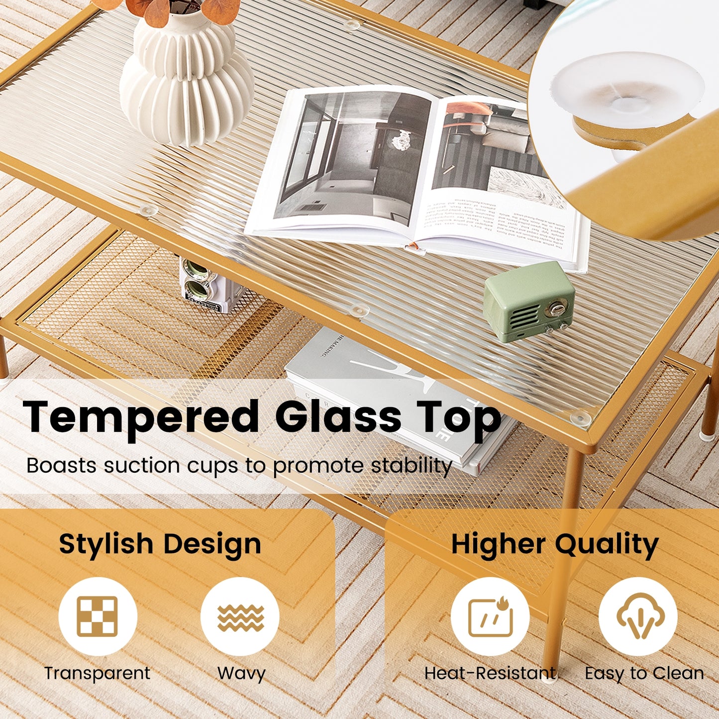 Modern 2-Tier Coffee Table with Tempered Glass Top and Open Storage Shelf, Metal Frame Center Table