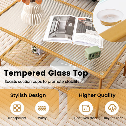 Modern 2-Tier Coffee Table with Tempered Glass Top and Open Storage Shelf, Metal Frame Center Table