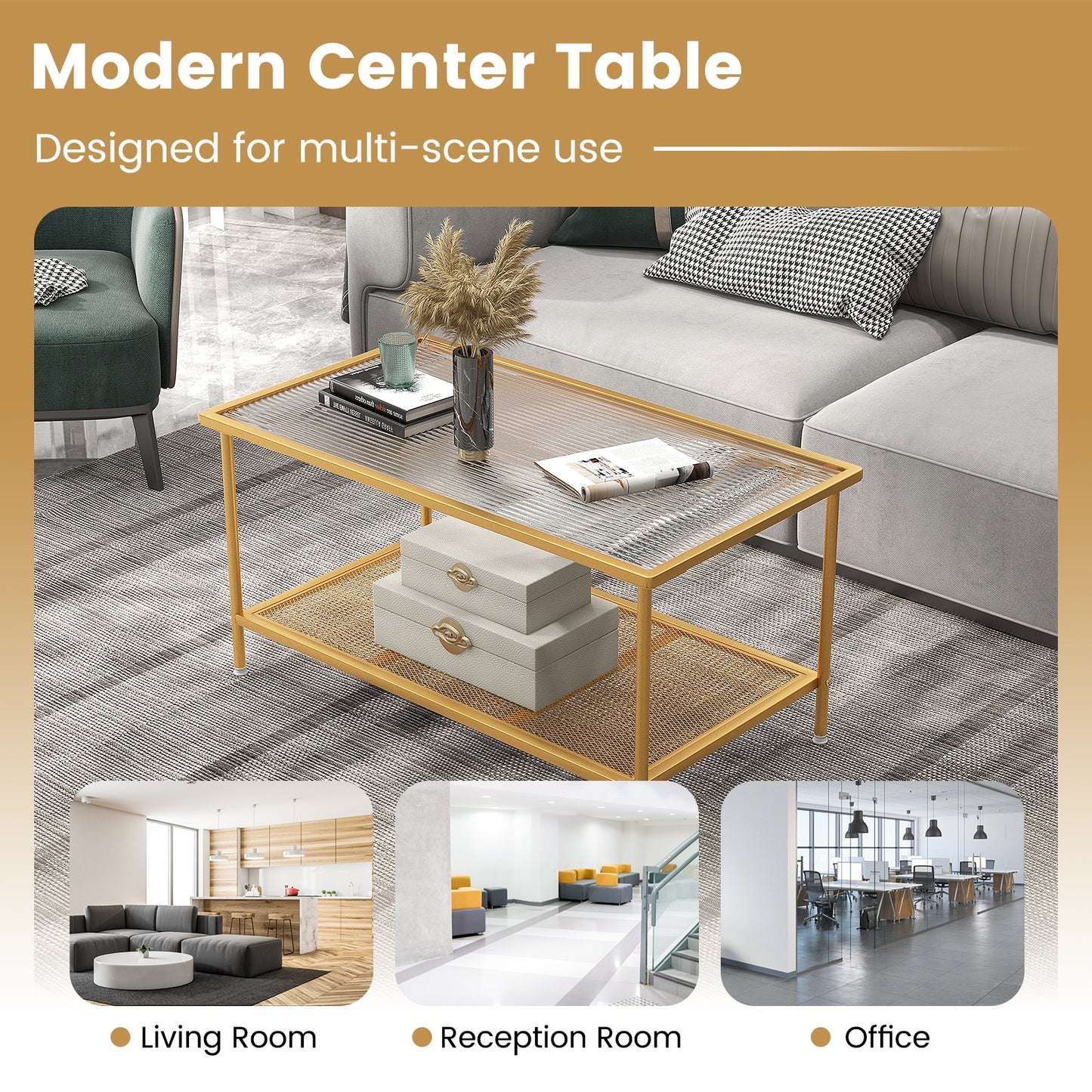 Modern 2-Tier Coffee Table with Tempered Glass Top and Open Storage Shelf, Metal Frame Center Table