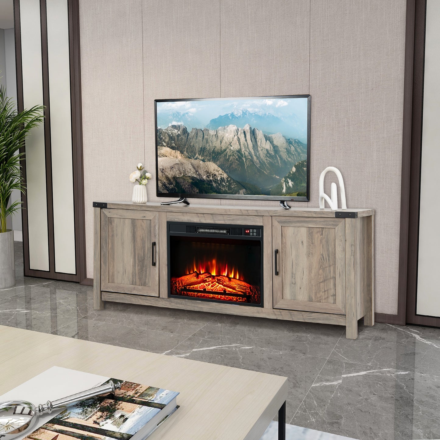 Farmhouse TV Stand with Storage Cabinets and Fireplace Space for TVs up to 70 Inches