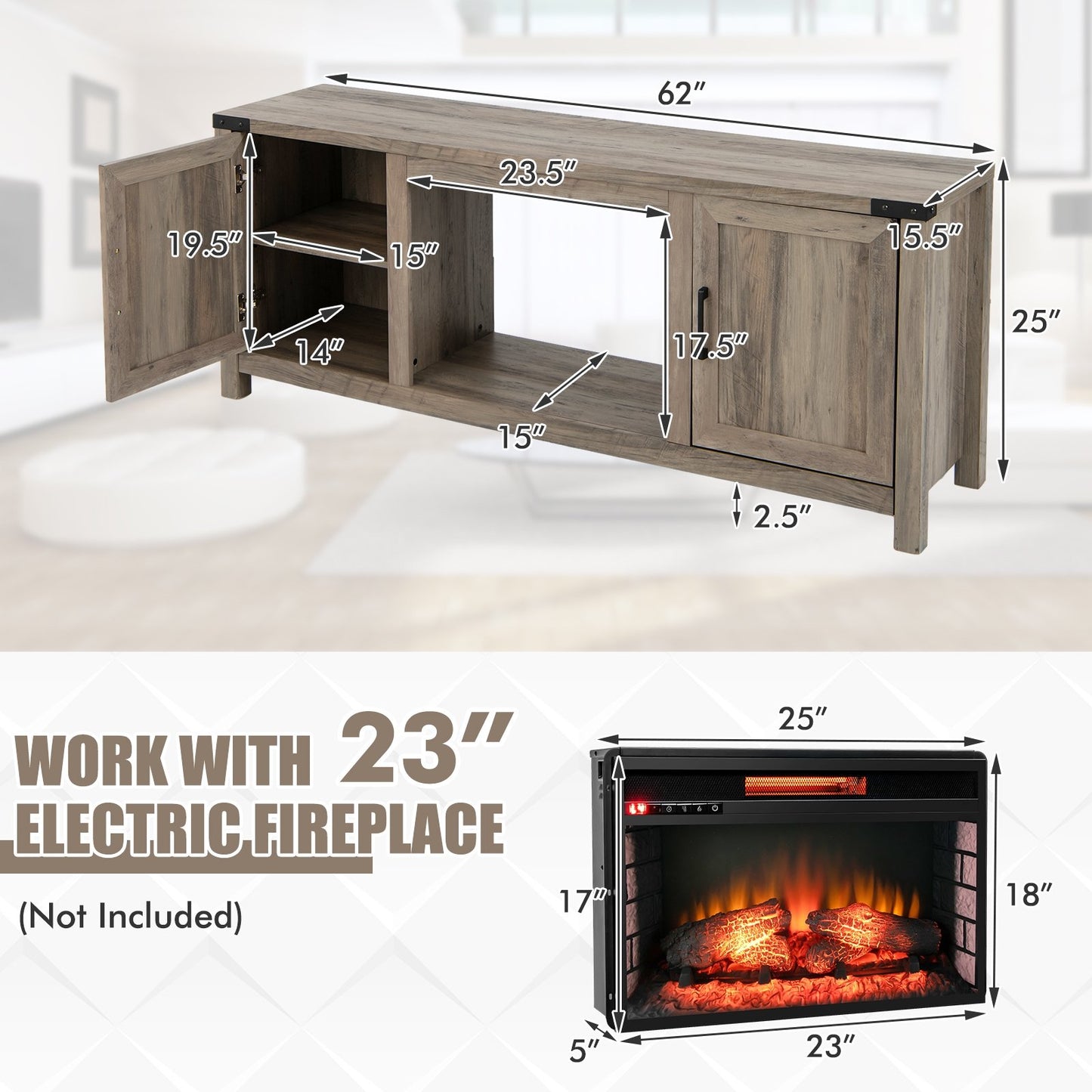 Farmhouse TV Stand with Storage Cabinets and Fireplace Space for TVs up to 70 Inches