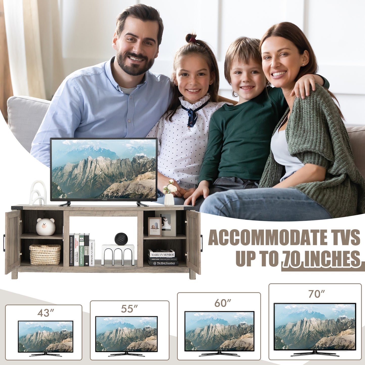 Farmhouse TV Stand with Storage Cabinets and Fireplace Space for TVs up to 70 Inches