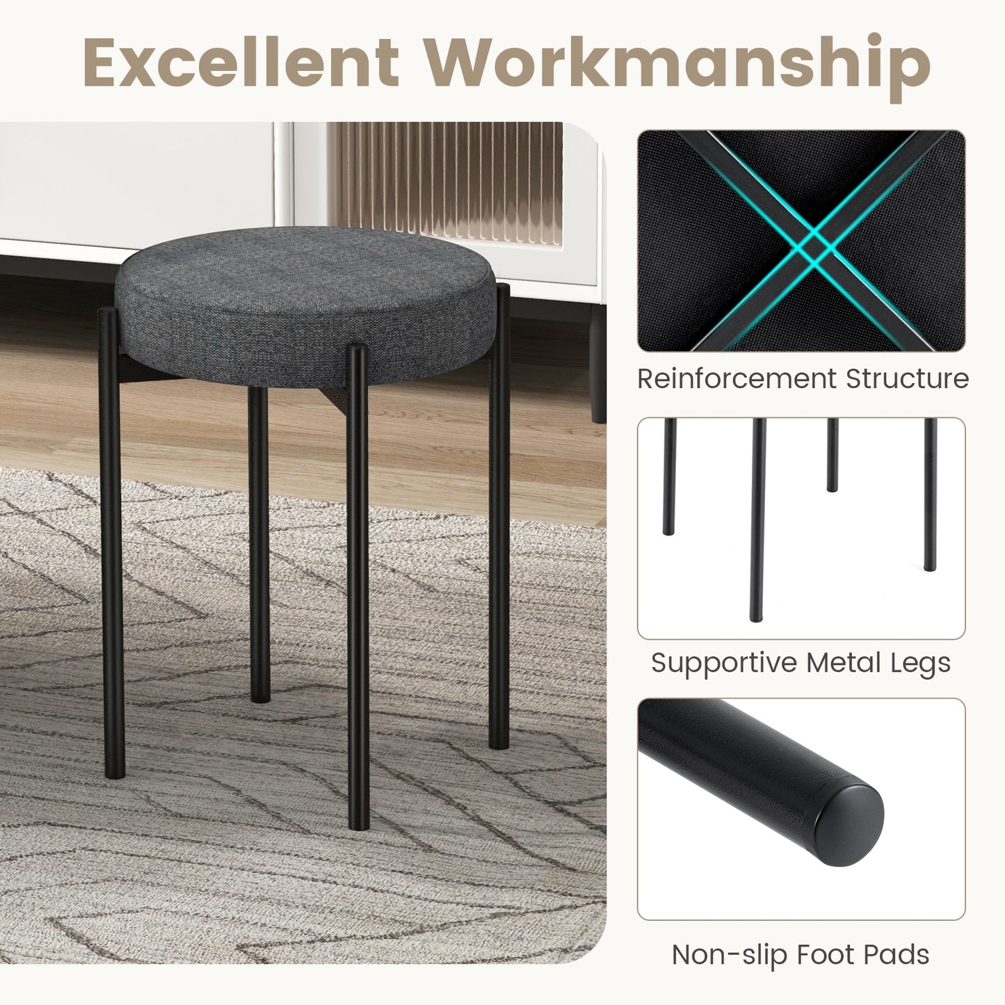 Set of 4 Upholstered Bar Stools with Linen Seats and Non-Slip Foot Pads, Dark Grey