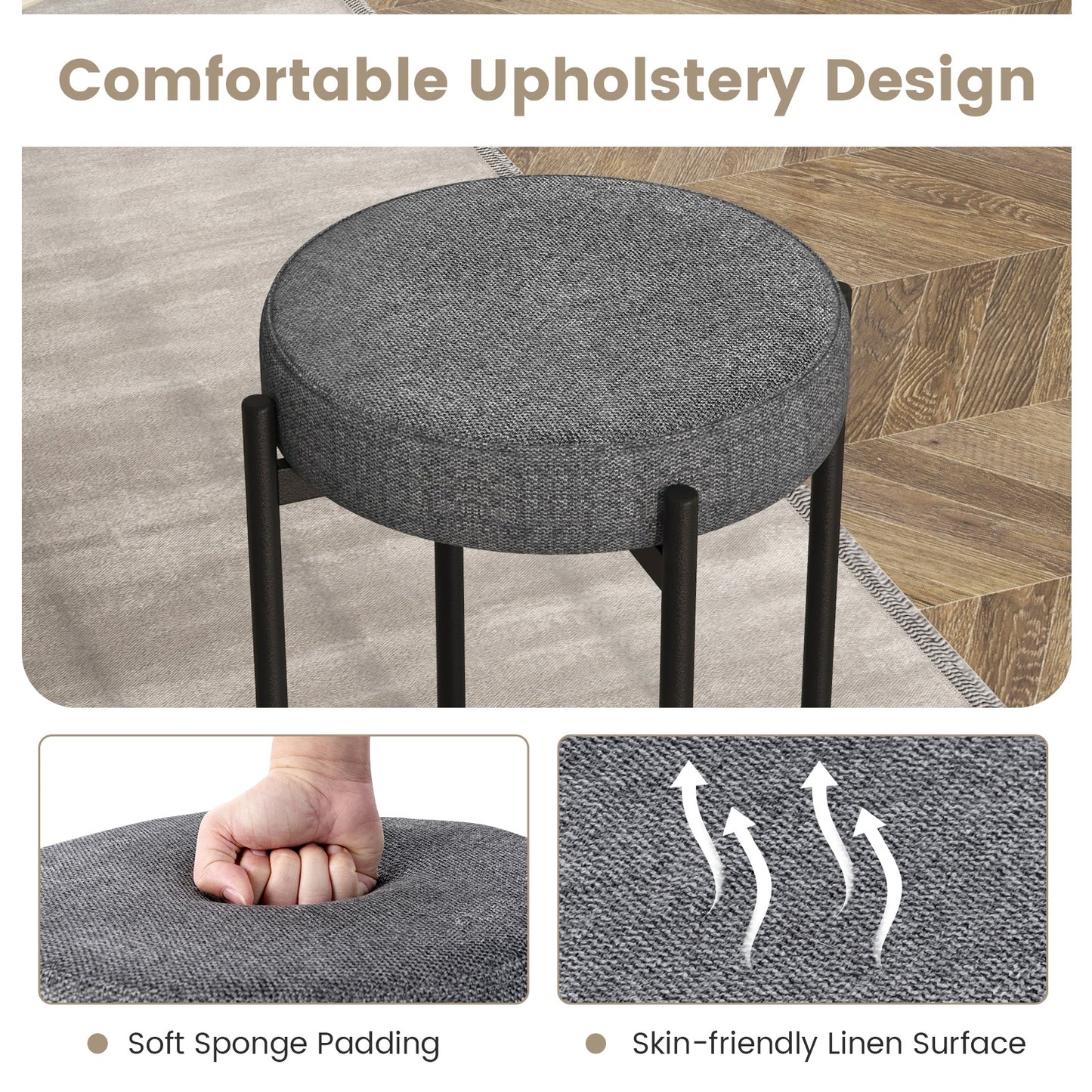 Set of 4 Upholstered Bar Stools with Linen Seats and Non-Slip Foot Pads, Dark Grey