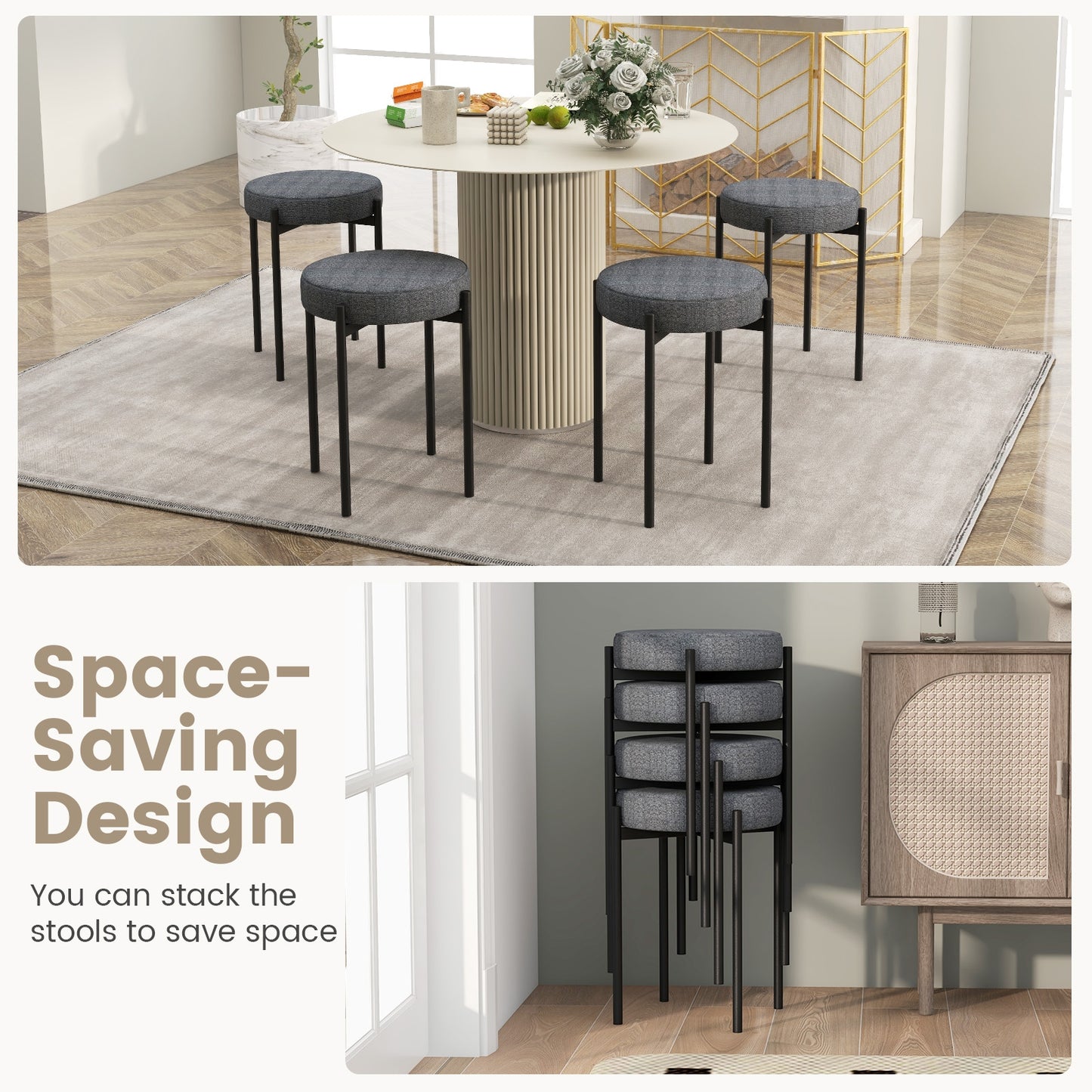 Set of 4 Upholstered Bar Stools with Linen Seats and Non-Slip Foot Pads, Dark Grey