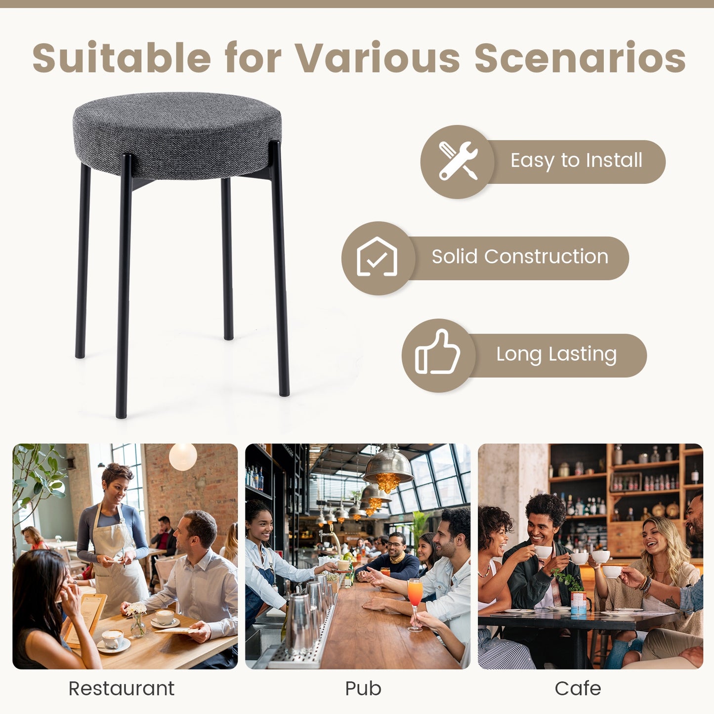 Set of 4 Upholstered Bar Stools with Linen Seats and Non-Slip Foot Pads, Dark Grey