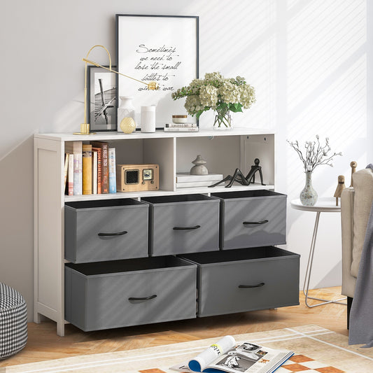 5 Drawer Fabric Dresser with Metal Frame and Wood Top for Bedroom and Entryway Storage