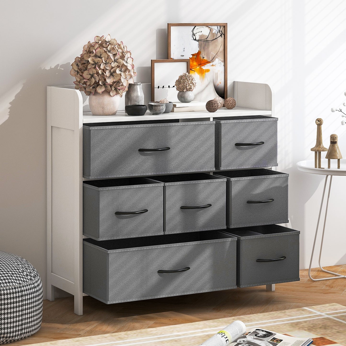 7 Drawer Fabric Dresser with Wood Top and Metal Frame for Bedroom Entryway or Closet Storage