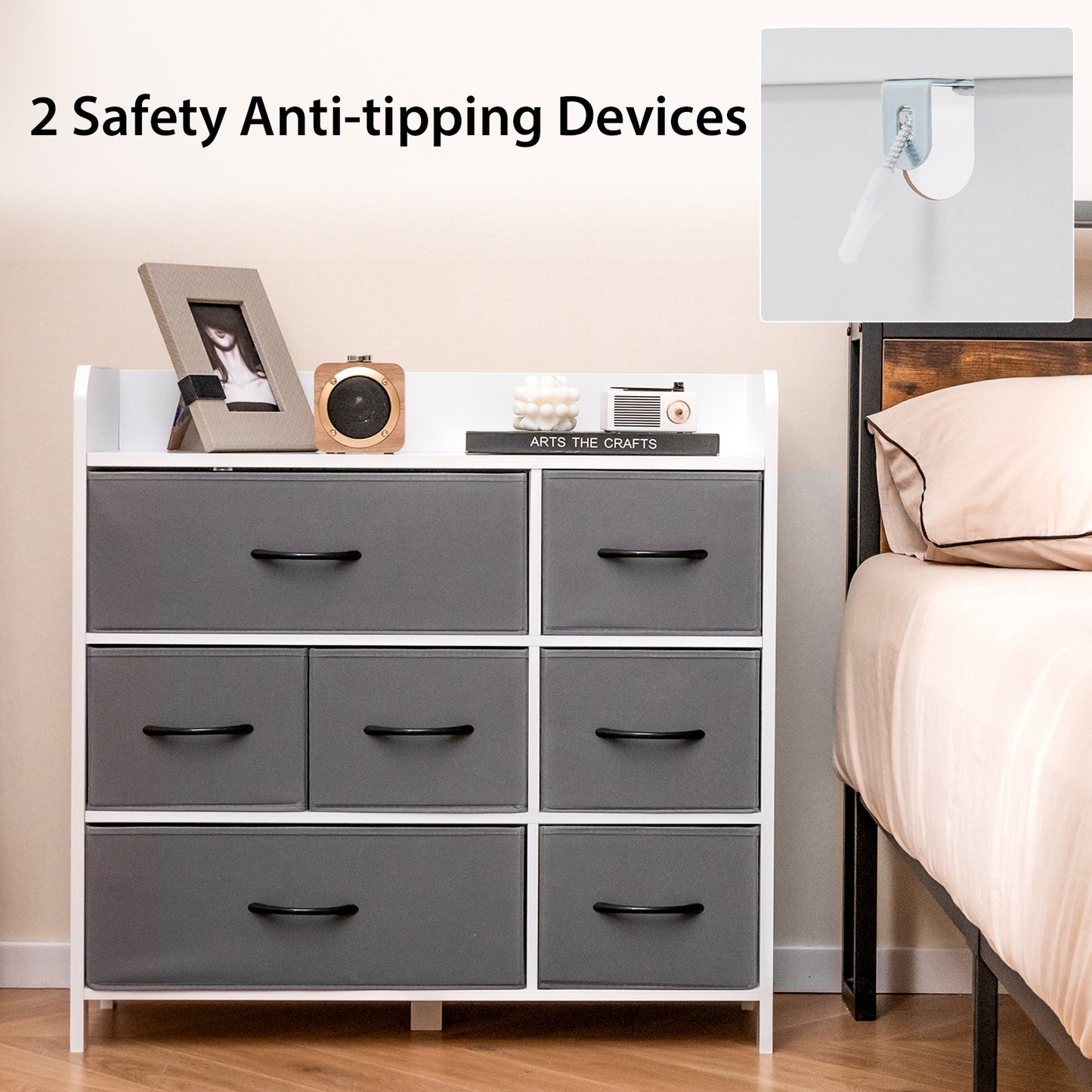 7 Drawer Fabric Dresser with Wood Top and Metal Frame for Bedroom Entryway or Closet Storage