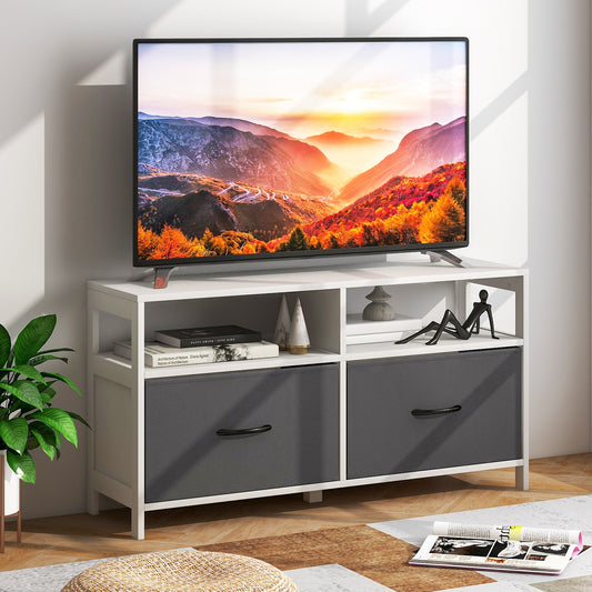 Modern 2-Drawer Fabric Dresser with Open Shelves and Wood Top for Bedroom or Living Room