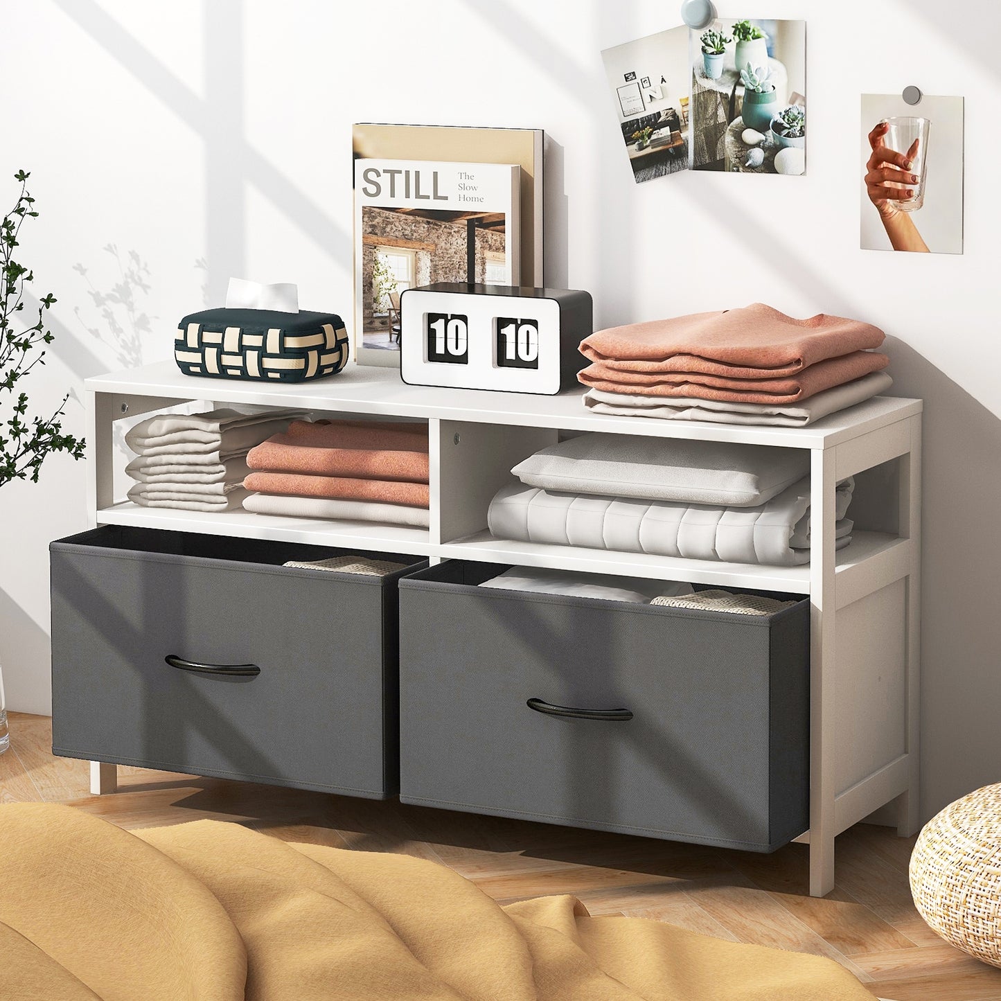 Modern 2-Drawer Fabric Dresser with Open Shelves and Wood Top for Bedroom or Living Room