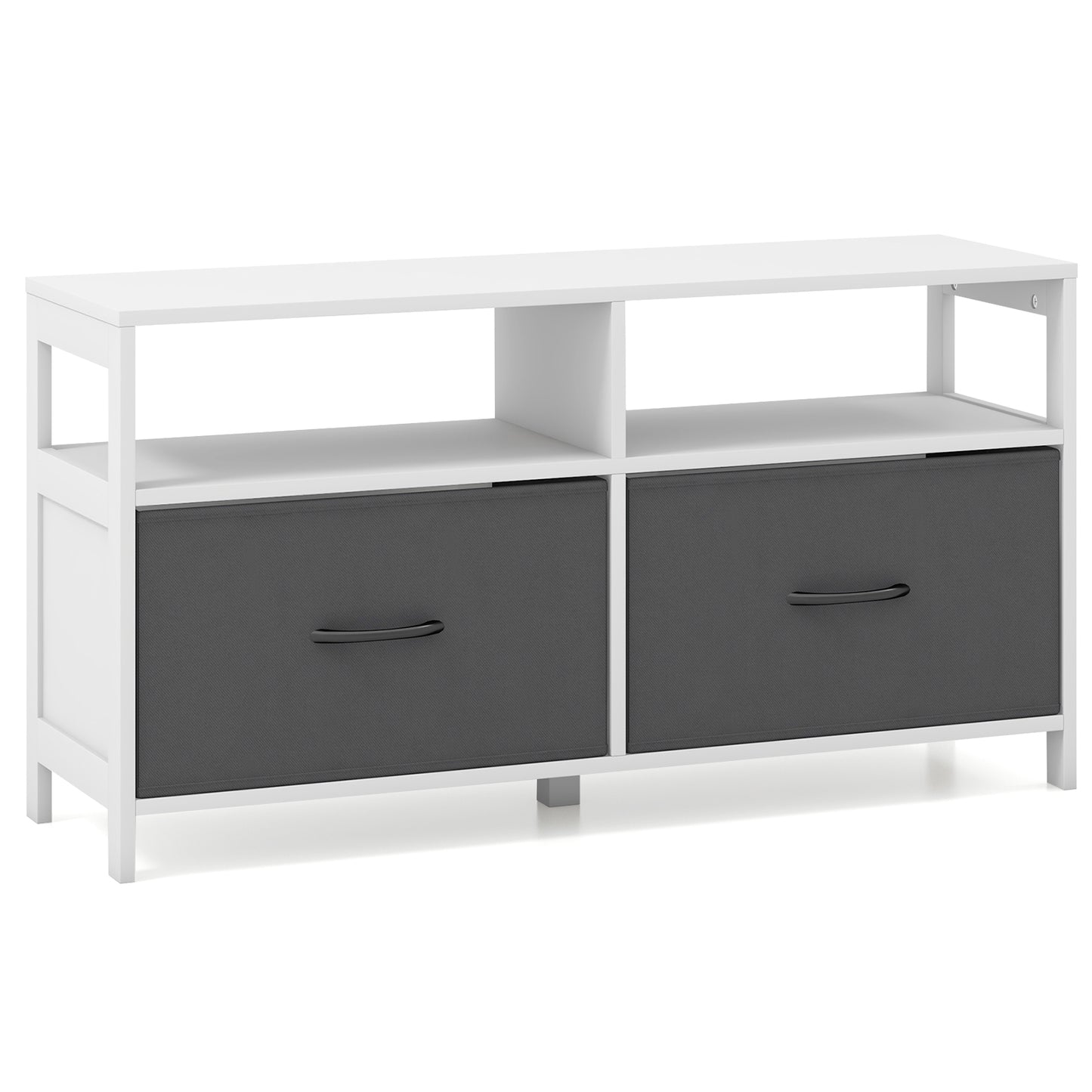 Modern 2-Drawer Fabric Dresser with Open Shelves and Wood Top for Bedroom or Living Room