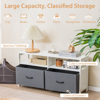 Modern 2-Drawer Fabric Dresser with Open Shelves and Wood Top for Bedroom or Living Room