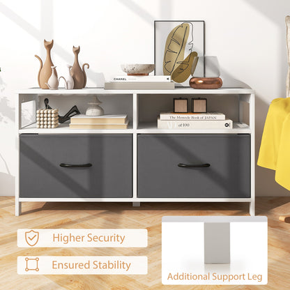 Modern 2-Drawer Fabric Dresser with Open Shelves and Wood Top for Bedroom or Living Room