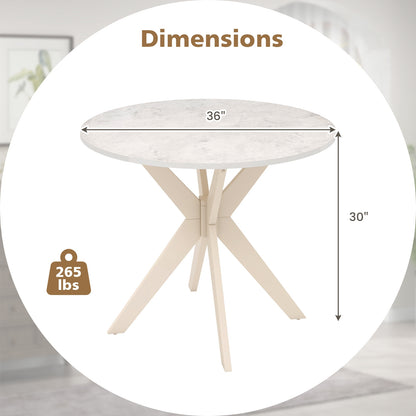36 Inch Round Dining Table with Faux Marble Top and Solid Wood Legs, Seats 2–4, White