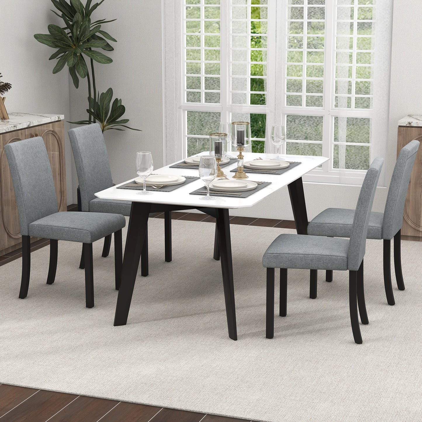 Set of 4 Upholstered Dining Chairs with Wood Frame in Grey Linen Fabric