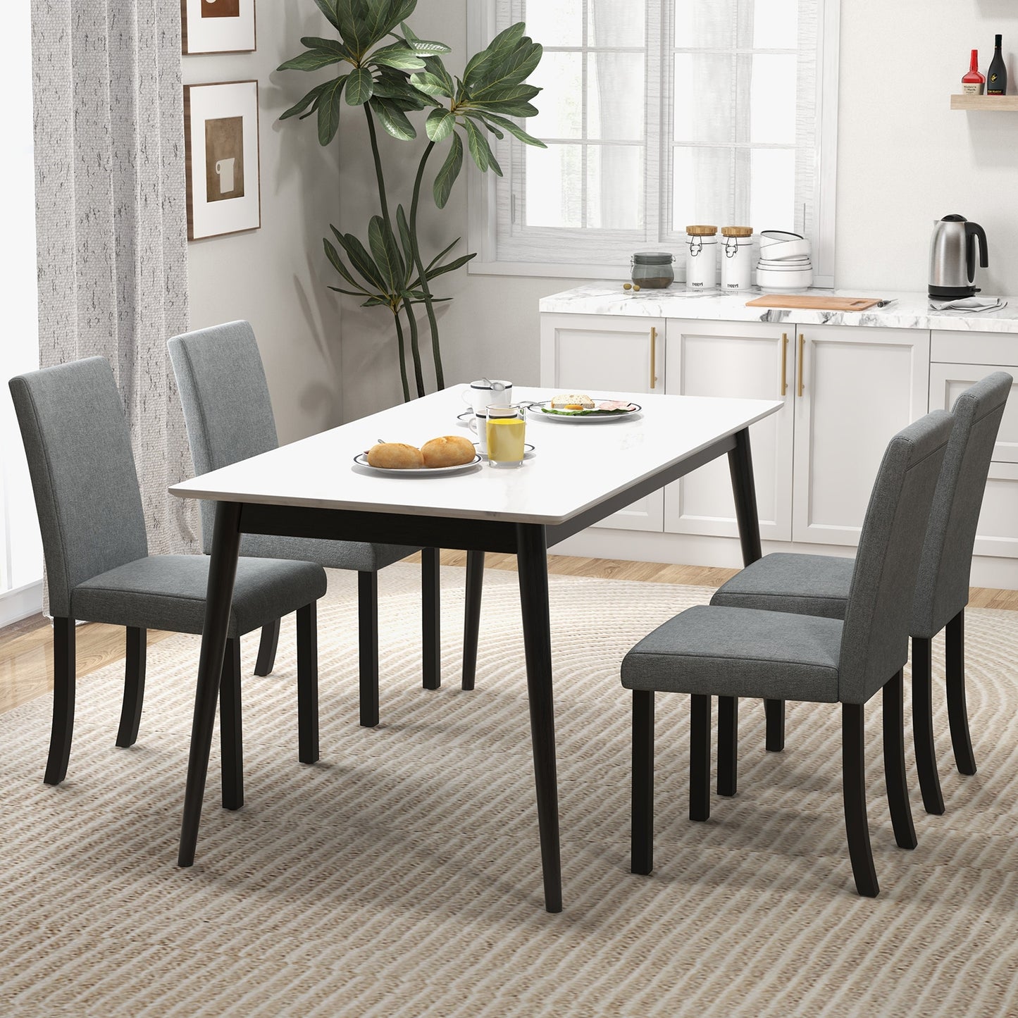 Set of 4 Upholstered Dining Chairs with Wood Frame in Grey Linen Fabric