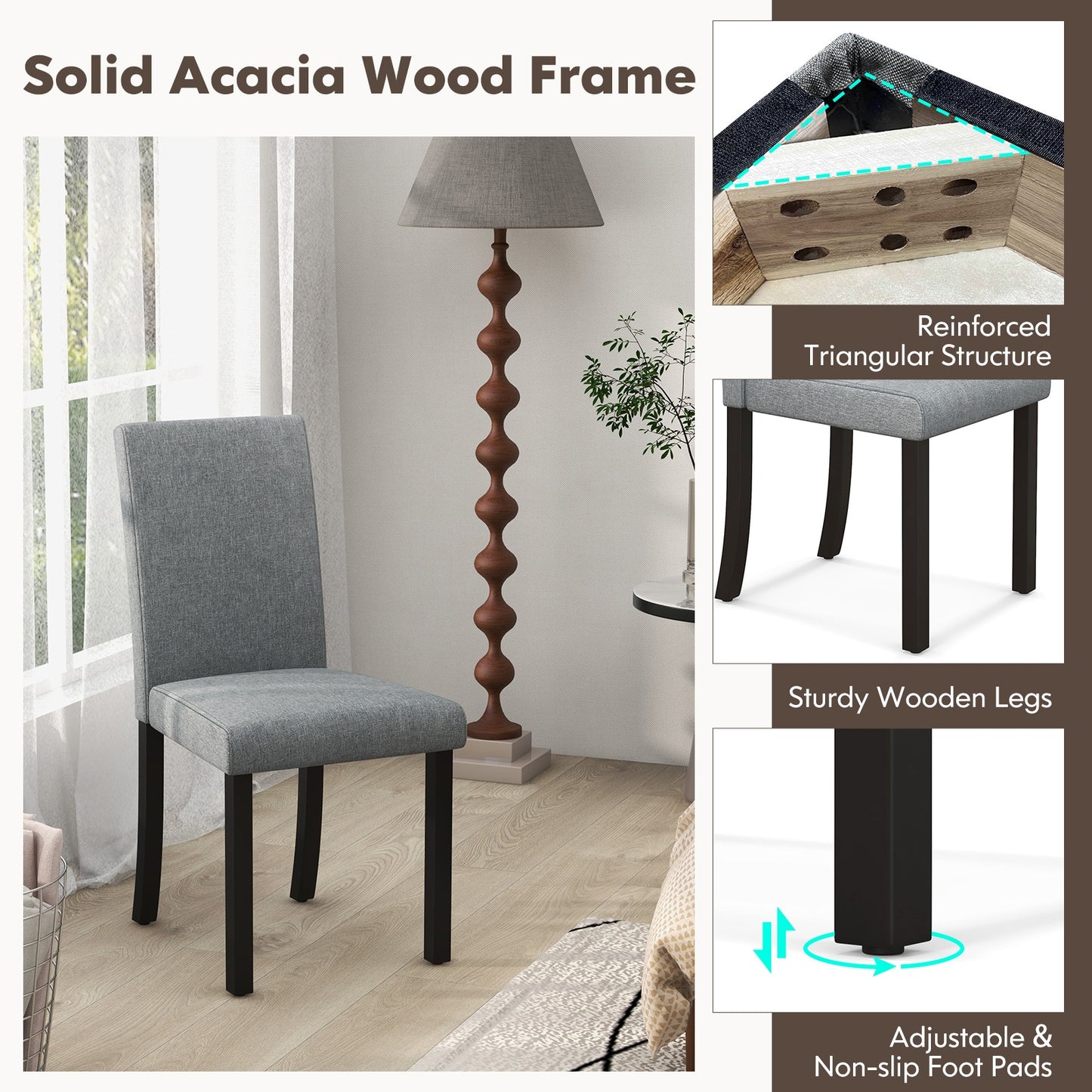 Set of 4 Upholstered Dining Chairs with Wood Frame in Grey Linen Fabric