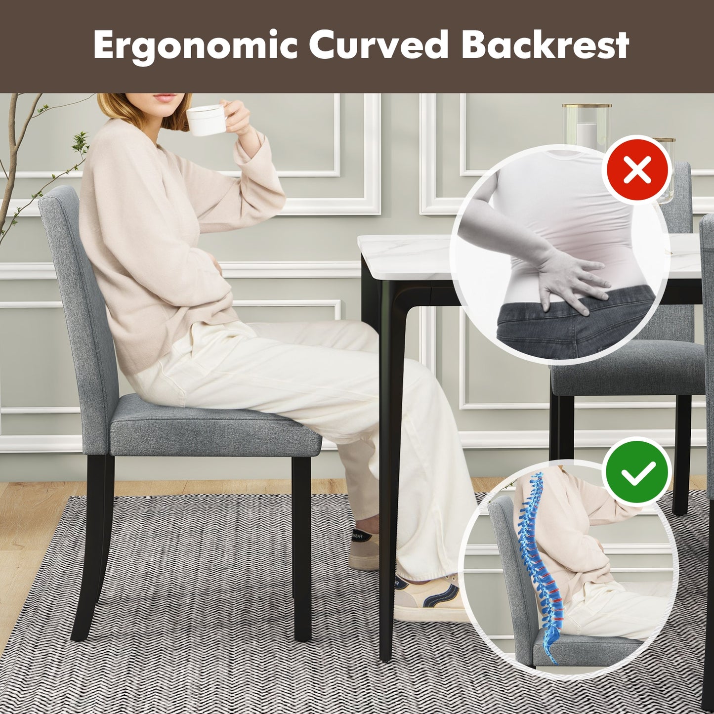 Set of 4 Upholstered Dining Chairs with Wood Frame in Grey Linen Fabric