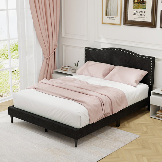 Elegant Queen Size Upholstered Bed Frame with Nailhead Trim and Stylish Headboard