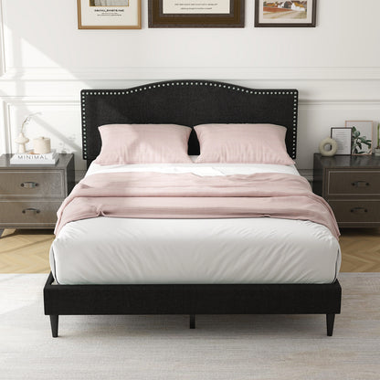 Elegant Queen Size Upholstered Bed Frame with Nailhead Trim and Stylish Headboard