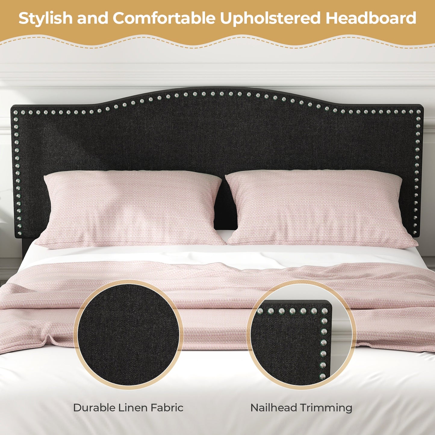 Elegant Queen Size Upholstered Bed Frame with Nailhead Trim and Stylish Headboard