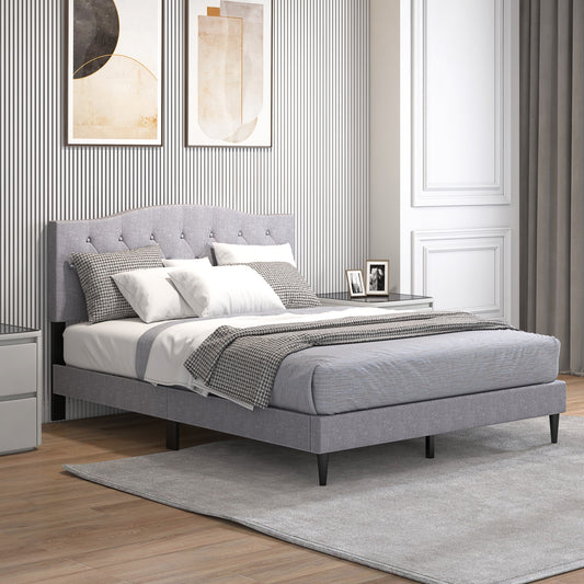 Elegant Queen Upholstered Platform Bed with Button-Tufted Headboard and Linen Fabric