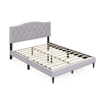 Elegant Queen Upholstered Platform Bed with Button-Tufted Headboard and Linen Fabric