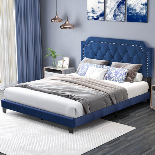 Luxurious Queen Velvet Bed Frame with Button Tufted Headboard and Nailhead Trim