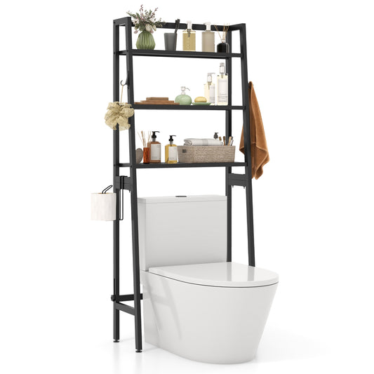 3 Tier Over-the-Toilet Storage Rack with Adjustable Height and Extra Hooks