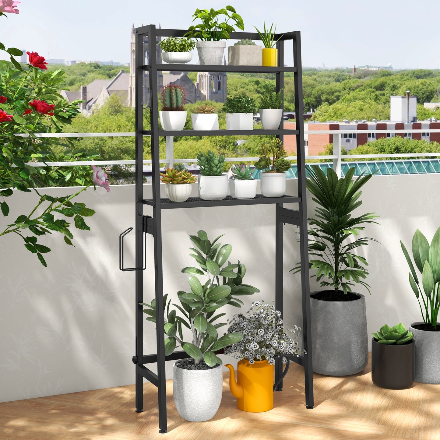 3 Tier Over-the-Toilet Storage Rack with Adjustable Height and Extra Hooks