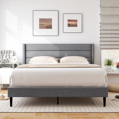 Stylish Linen Upholstered Platform Bed Frame with Wingback Headboard - Queen Size
