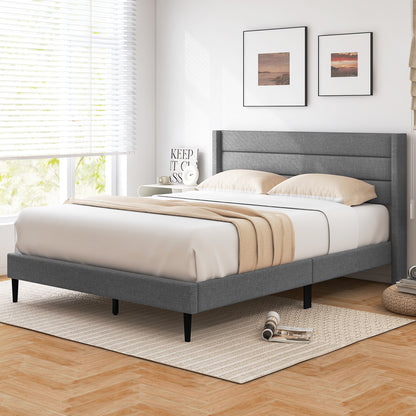 Stylish Linen Upholstered Platform Bed Frame with Wingback Headboard - Queen Size