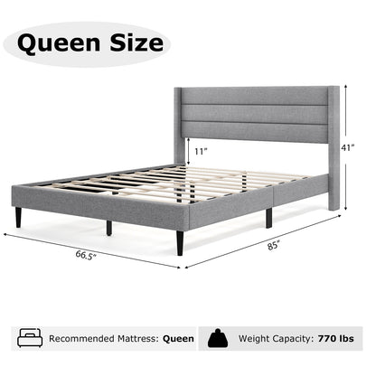 Stylish Linen Upholstered Platform Bed Frame with Wingback Headboard - Queen Size
