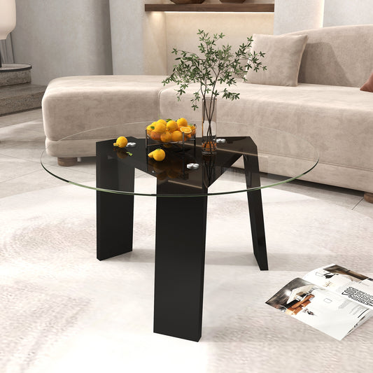 Modern Round Coffee Table with Clear Tempered Glass Top and Solid Rubber Wood Legs