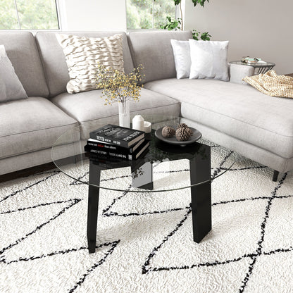 Modern Round Coffee Table with Clear Tempered Glass Top and Solid Rubber Wood Legs