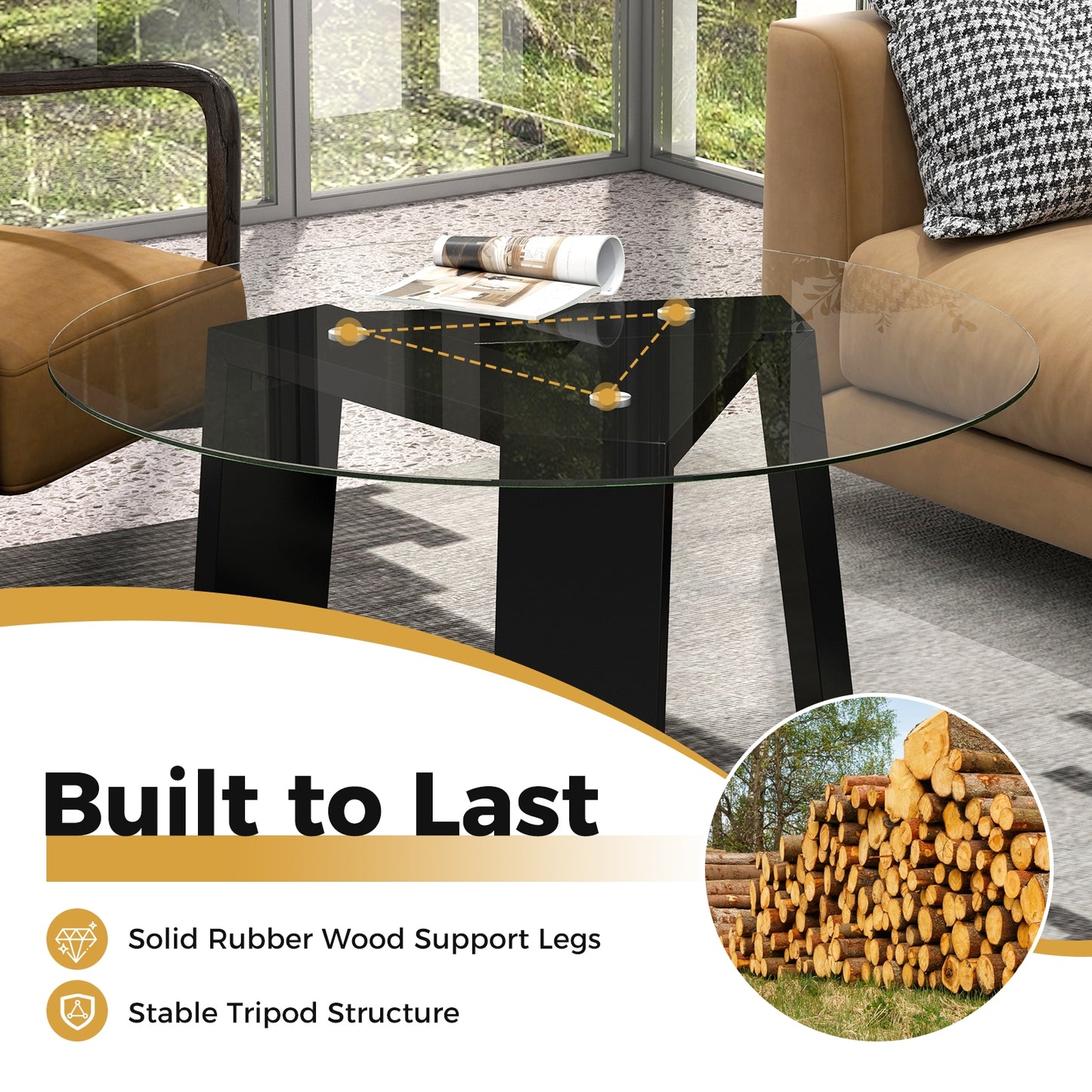 Modern Round Coffee Table with Clear Tempered Glass Top and Solid Rubber Wood Legs
