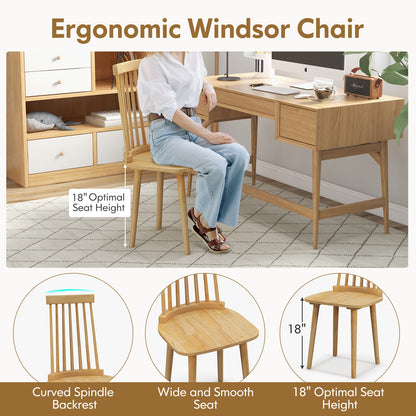 Set of 2 Windsor Dining Chairs with Spindle Back and Natural Rubber Wood Legs